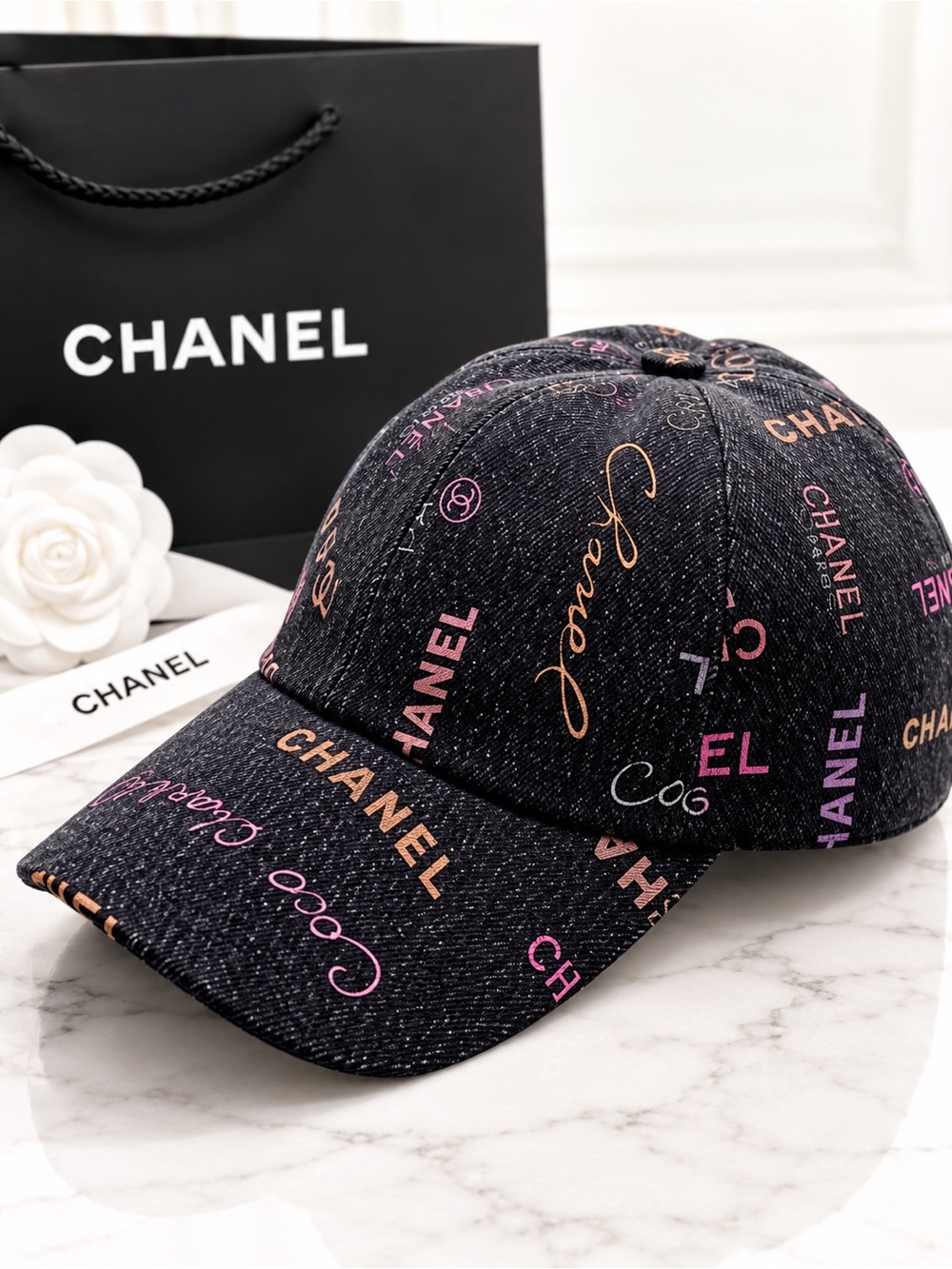CHANEL Black Denim Multicolor Logo Baseball Cap Hat Adjustable